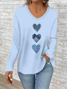 EMERY ROSE Maglietta larga a maniche lunghe con scollo a V per donne taglie forti - celeste - Visualizzare 3