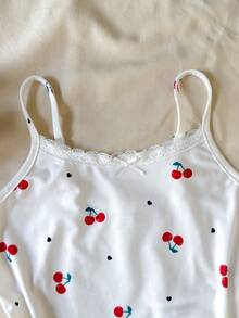 SHEIN Bộ đồ đôi cho bé gái tuổi teen, gồm áo tank top và quần short siêu ngắn họa tiết trái tim anh đào, hoa nhí, ren xếp nếp và nơ, thích hợp cho mùa xuân, mùa hè, ngày Valentine, ở nhà, phong cách thanh lịch/preppy. - trắng - Xem 4