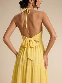 SHEIN BAE Đầm xếp tầng cổ chữ V màu vàng nhạt, lãng mạn, thích hợp cho hẹn hò, đi nghỉ mát ở biển, đi chơi, dự đám cưới, mùa xuân/hè. - Vàng nhạt - Xem 5