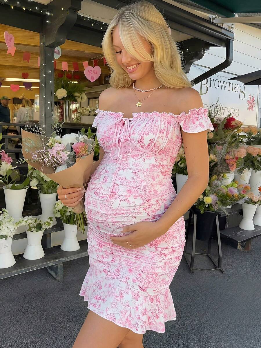 Lyckli Pregnant Women's Summer Romantic Elegant Vacation Style Floral Print Off-Shoulder Ruffle Front Tie Waist Fitted Dress - Pink - View 1