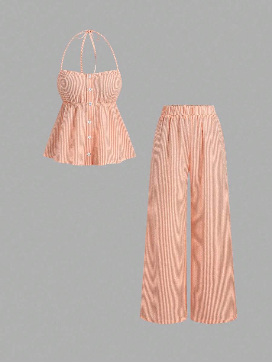 Sweetra Bộ đồ nữ kẻ sọc kiểu dáng thường ngày gồm áo hai dây và quần dài, thích hợp cho mùa xuân và mùa hè. - trái cam - Xem 1