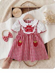 SHEIN LMoss Kids 买一送一，两件装女婴适用发带，可爱夏季红白格子草莓图案荷叶边短袖娃娃领连衣裙发带，舒适休闲百搭，适合日常佩戴，可用于生日派对、晚宴、演出、婚礼、洗礼、开幕式、室内外活动、日常使用、运动、玩耍、聚会、拍照、度假、节日等场合，适合春、夏、秋季。 - 紅色 - 查看 2