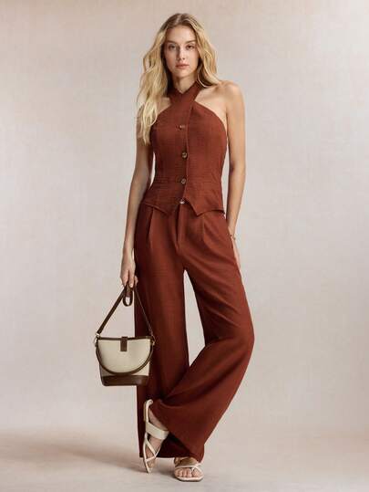 BizChic 棕色金属纽扣腰带设计侧袋女士正装裤，适合商务、办公、工作、乡村风格、母亲节派对、毕业典礼、乡村音乐会、婚礼宾客、晚宴等正式场合。