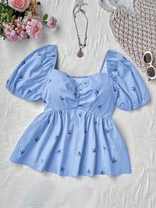 Flirla Plus Size Spring/Summer Pink Scoop Neck Cute Romantic Casual College Vacation Versatile Lantern Sleeve Bow Chest Ruffle Print Blouse - Blue - View 3
