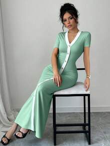 Selianne Women's Short Sleeve Front Button Two-Tone Dress - Green - View 5
