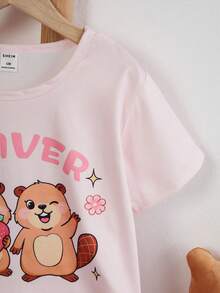 女童可爱水獭印花短袖短裤睡衣套装，牛奶丝面料 - 粉色 - 查看 5