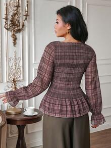 Modelyn Áo sơ mi nữ kẻ caro dáng suông, thích hợp mặc đi làm. - Nhiều màu - Xem 3