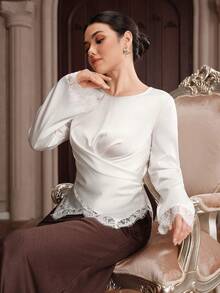 Graceveil Áo sơ mi nữ cổ tròn phối ren, kiểu dáng thường ngày, đa năng. - Màu be - Xem 7