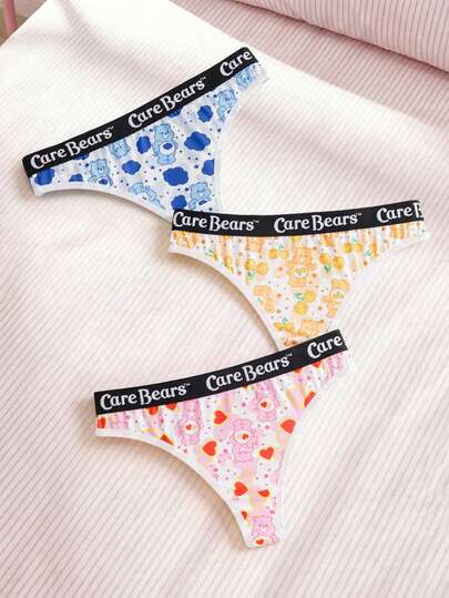 SHEIN X Care Bears Bragas tipo tanga casuales de uso diario con estampado de letras y dibujos animados para mujer