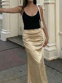 Firerie Women's Satin Elegant Solid Color Pleated Fishtail Hem Skirt,Elegant High Waist Gold Satin Ruched Long Skirt Flowy Party Maxi Skirt,Chic Women's Gold Satin Ruched Draped Long Skirt Bodycon Maxi Skirt For Evening Out,Wedding,Party - Dusty Pink - View 3