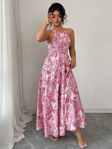 Elenzga Vestido de mujer de talla grande sin mangas con tirantes de espagueti, cintura ceñida y dobladillo acampanado con estampado floral - Multicolor - Ver 7