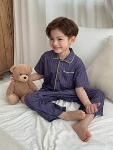 DAZY Bộ đồ ngủ thường ngày cho bé trai, áo ngủ dài tay có cổ (size nhỏ) - Màu xanh lam - Xem 1