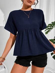 SHEIN Essnce Áo sơ mi ngắn tay màu trơn dáng casual dành cho nữ, mùa hè. - Xanh đậm - Xem 4