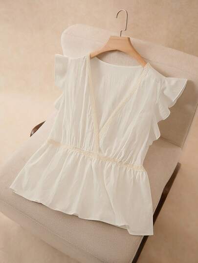 Elaquor 大码女式V领撞色蕾丝短袖衬衫