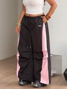 Coolane 大码撞色阔腿裤 - 黑色 - 查看 7