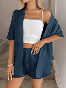 2026 Conjunto de kimono de algodón blanco con arrugas + shorts, conjunto casual de vacaciones para primavera/verano - Azul - Ver 5