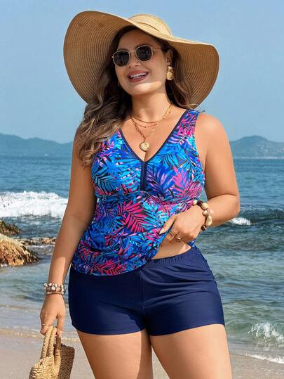 Swim Lushoire Plus Size Fashionable Printed Casual Vacation Tankini Swimsuit