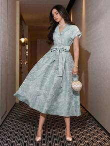 Modelyn 女士春夏粉色提花织纹短袖纽扣领收腰A字优雅连衣裙 - 藍色 - 查看 6
