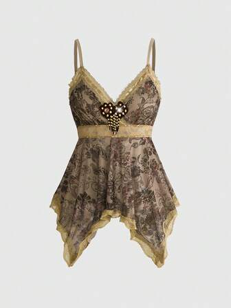 Débardeur long asymétrique pour femmes avec imprimé cachemire vintage rétro, volants et dentelle