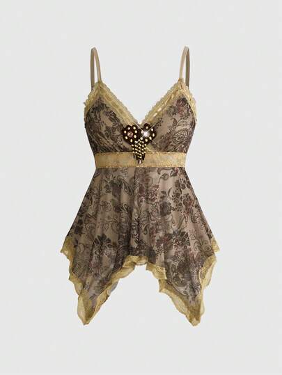Débardeur long asymétrique pour femmes avec imprimé cachemire vintage rétro, volants et dentelle