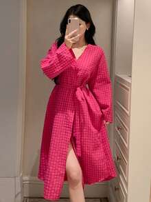 DAZY Plaid Lapel Loose Long Robe For Women, Summer - Pink - View 3