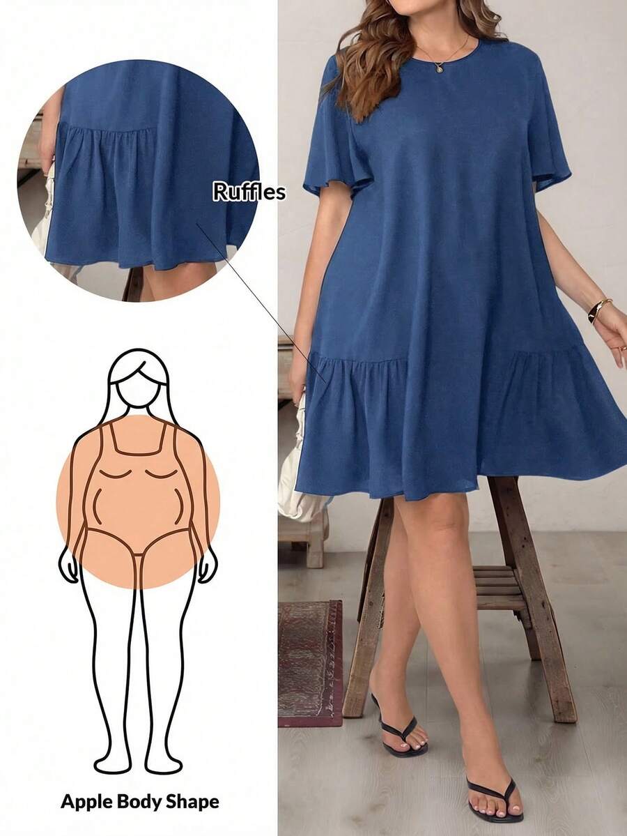 SHEIN Essnce Plus Size Women's Summer Casual Everyday Dark Blue Short Sleeve Dress,Loose Comfortable Fashion Ruffles Basic Dress,Old Money Style Church Work Outfit - Blue Day - View 1