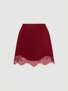 SHEIN MOD Rok Patchwork Renda Transparan Elegan untuk Wanita, Musim Panas - Burgundy - View 3