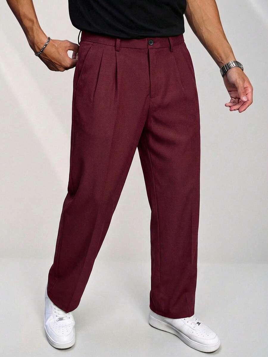 RONVEXI 男士简约通勤商务纯色褶裥锥形西装裤 - 酒紅色 - 查看 1