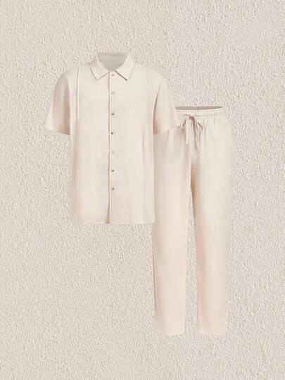 Mercer Haus 男士杏色亚麻套装，常规短袖，带口袋细节，亚麻邮轮奶油色两件套夏季，复古风格，适合在夏威夷享受夏季热带假期。