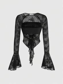 Sweetness Sexy Lace Sheer Hem Backless Flare Sleeve Top For Women - Black - View 4