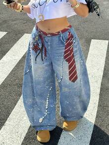 Muchica 大码女式系带口袋阔腿宽松休闲百搭牛仔裤 - 藍色 - 查看 4