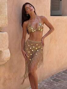 SHEIN Swim Vcay Bộ đồ 2 món mùa hè đi biển: Áo yếm đính sequin khoét lỗ và chân váy tua rua. - Màu Khaki - Xem 1