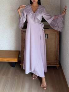 DAZY 女款優雅蕾絲荷葉邊睡袍，春夏睡衣 - 紫色 - 查看 8