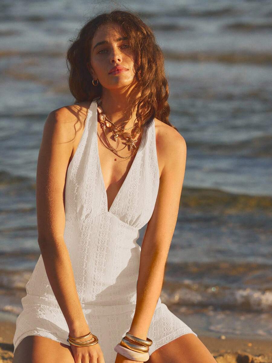 Aralina Women's Summer Sexy Beach Vacation Solid Color Jacquard Backless Tie-Front Mini Dress - White - View 1