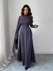 Rafferiza 优雅都市时尚雪纺拼接高领长袖A字连衣裙，饰有金属胸针，适合毕业派对、节日活动、约会、婚礼、秋冬季等场合。 - 藏蓝色 - 查看 6