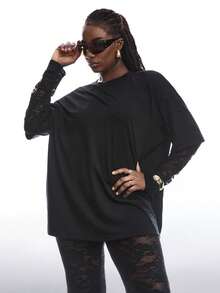 LYSMO 大码蕾丝拼接透视上衣和裤子两件套 春季大码女装 大码套装 女装两件套 休闲大码女装 假日摇滚风女装 曲线身材 - 黑色 - 查看 4