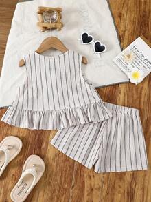 SHEIN 2pcs Young Girl Woven Striped Casual Vest And Shorts Set - Black and White - View 2