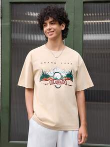 Open Phase 2025 Men's Fashion Mountain Print Drop Shoulder Casual Daily Wear Short Sleeve T-Shirt, Spring/Summer , Retro American, Unisex, Relaxed Fit Summer Outfits – Suitable For Everyday Wear And Summer Holiday Outfits. - Apricot - View 3