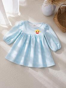 BABY SHARK X SHEIN Đầm tay phồng in hình cá mập dễ thương, kiểu dáng thường ngày cho bé gái mùa xuân. - Màu xanh lam - Xem 1