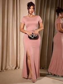 Allurite Vestido corto de manga corta con abertura en el bajo, con adornos de cuentas y cristales, elegante y apropiado para uso diario y fiestas, tallas grandes para mujeres - Rosa vieja - Ver 1