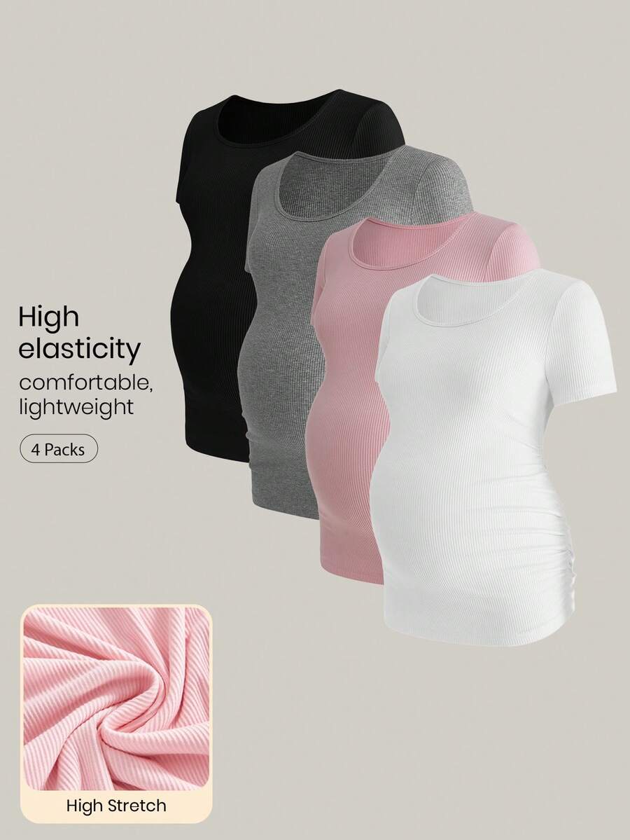 Modmama Camiseta plisada de manga corta y cuello redondo informal para mujeres embarazadas - Multicolor - Ver 1