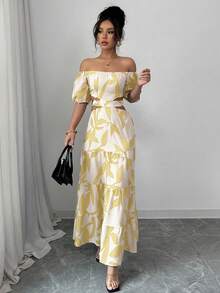Elenzga Đầm nghỉ mát lệch vai, buộc dây, khoét rỗng dành cho nữ (Họa tiết hoa, cắt bất đối xứng) - Vàng nhạt - Xem 7