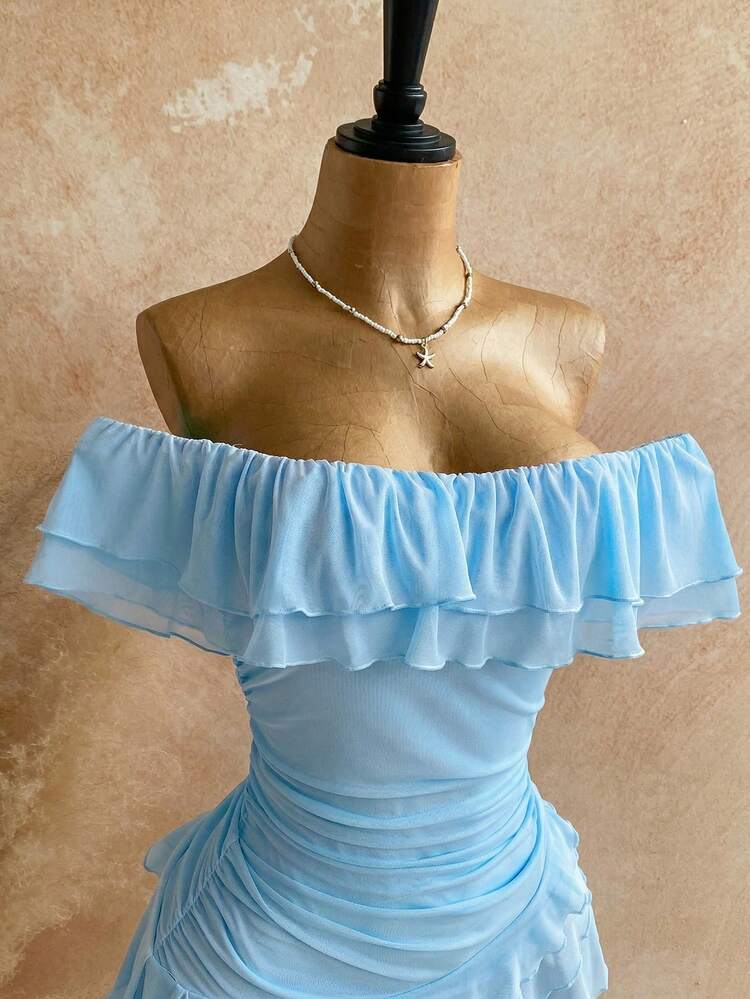 Soleia Spring & Summer Vacation Knit Mesh Strapless Fitted Multilayer Ruffle Asymmetric Hem Dress, Suitable For Garden Party, Tea Party, Flower Arranging, Date, Bohemian, Boho, Vacation,Summer Dresses For Women - Baby Blue - View 5