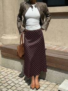 MainGRL 咖啡棕色缎面波点鱼尾优雅长裙，适合女性，新年派对穿着。 - 咖啡棕 - 查看 6