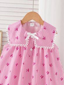 SHEIN Elladie kids 女童粉白条纹蝴蝶结印花休闲可爱白色蝴蝶结蕾丝边方领开襟甜美连衣裙，适合日常、度假、通勤，优雅又可爱 - 粉色 - 查看 5