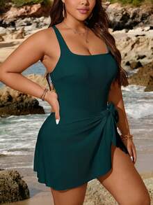 Swim Lushoire Plus Size Women Solid Color Knotted Waist Casual Swimdress - Teal Blue - View 4