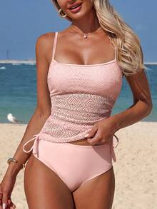 Swim Lushoire Women's Two Pieces Hollow Textured Fabric Casual Bikini Set - Pink - View 3