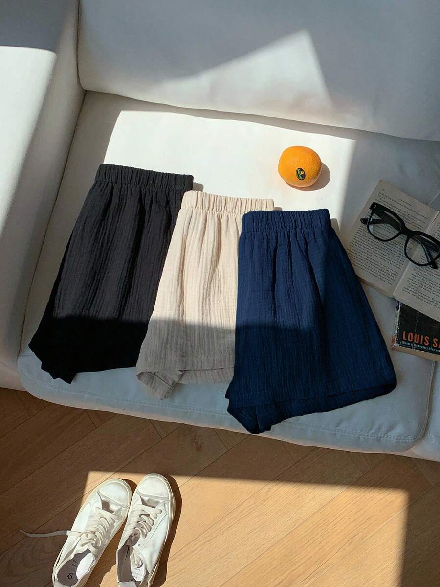 Comfortcana 3pcs Women's New Fashion Multi-Color Linen Shorts - Navy Blue - View 1