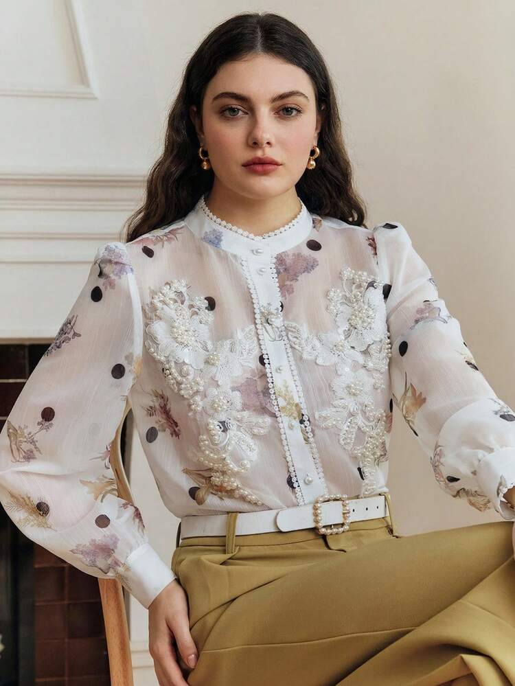 Elegant Summer White Blouse With Exquisite Pearl Floral Decor, Mandarin Collar, Polka Dot Print, Long Sleeve French Style Blouse New Arrival Blouse Elegant Shirts For Women Latest Tops For Women New Arrivals