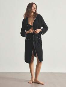 Ocili Comfortable Ribbed Cotton Contrast Color Frill Trim Small Lapel Soft Short Robe, Women Sleepwear Bathrobe - Black - View 5